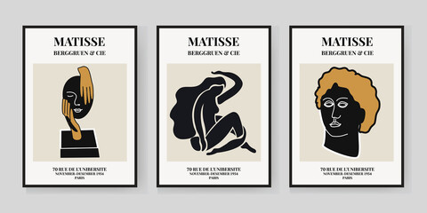 Abstract set of Matisse posters depicting a sculpture, a head of David, a woman. Aesthetic Contemporary Art, Illustration, Vector, Poster, Postcard.