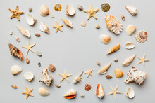 Summer Time Concept Flat Lay Composition With Beautiful Starfish And Sea Shells On Colored Table, Top View With Copy Space For Text