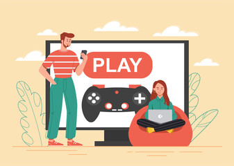Wall Mural - video game concept. boy with joystick and girl with laptop at home. friends rest after studying with