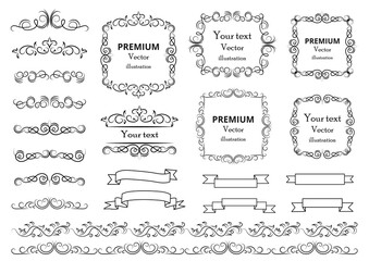 Calligraphic design elements . Decorative swirls or scrolls, vintage frames , flourishes, labels and dividers. Retro vector illustration