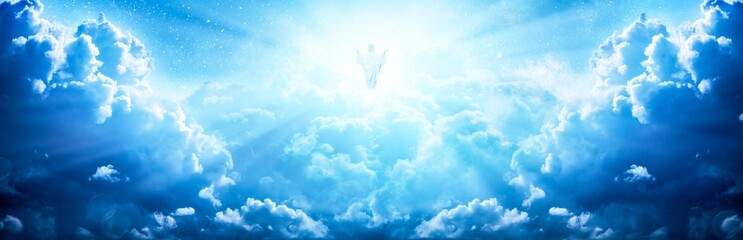 Fototapete - Jesus Christ In The Clouds Of Heaven With Brilliant Light - Ascension / Christ Return 