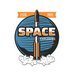 Wall Mural - space exploring icon, rocket spaceflight and galaxy spaceship launch, vector emblem. spacecraft shut