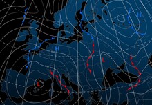 Forecast Weather Isobar Night Map Of Europe, Wind Fronts And Temperature Vector Diagram. Meteorology Climate And Weather Forecast Isobar Of Europe, Cold And Warm Cyclone Or Atmospheric Pressure Chart