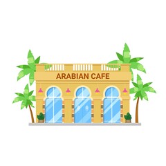 Wall Mural - Arabian cuisine restaurant building vector icon. Arab cafe, bistro or bar isolated cartoon house, front exterior of Arabic building with arched windows, facade lamps, roof terrace and palm trees