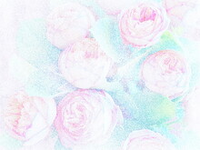 Stippling Art. Pink Roses With Leaves.  Floral Background In Dotwork Style.