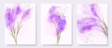 Watercolor Art Background With Lavender Flowers And Purple Glitter. Botanical Set Of Ink Prints For Decor, Wallpapers, Invitations