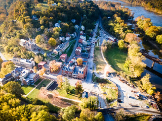 drone view of harpers ferry, the historic city in virginia and maryland.