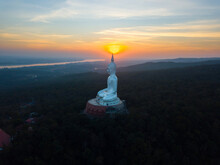 Top View Aerial Photo From Flying Drone.Big Buddha  Wat Phu Manorom Mukdahan  Thailand.Buddha On The Mountain.