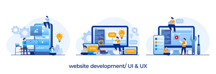 web development. programming languages. css, html, it, ui. programmer cartoon character developing w