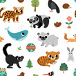 Vector endangered species seamless pattern. Cute extinct animals repeat background. Funny digital paper for kids with amur leopard, blue whale, black lemur, polar bear, panda.