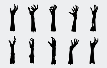 Silhouettes of Zombie hands collection in a rise up pose isolated on white. Graphic resource for spirit, Halloween, and fantasy.