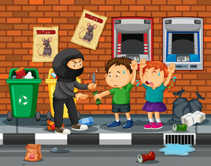 Wall Mural - Thief threatening kids for money