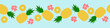 Pineapple seamless border. Cartoon whole fruit, slices and flowers on blue background