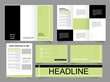 Trifold brochure in 2000s retro style. Tri fold medical brochure. Collection of folded brochures, annual report, business card. For printing, A4 magazine cover.
