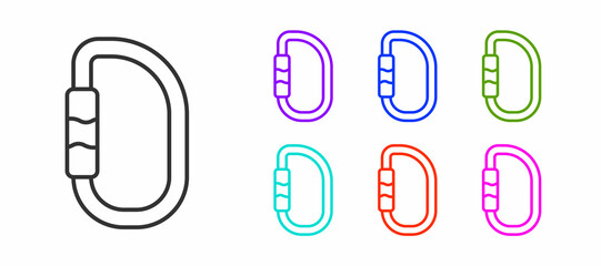 Sticker - Black line Carabiner icon isolated on white background. Extreme sport. Sport equipment. Set icons colorful. Vector