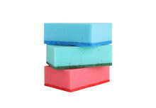 Three New Multi-colored Kitchen Sponges For Washing Dishes Isolated On A White Background, Close-up, Side View