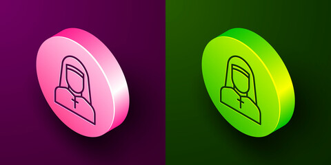 Wall Mural - Isometric line Nun icon isolated on purple and green background. Sister of mercy. Circle button. Vector