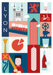 Lyon : illustration vectorielle de la ville de Lyon en France. Symboles et traditions de la ville dans un design minimaliste. Paul Bocuse, Fourvière, Guignol, Lumières, capitale de la gastronomie