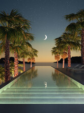 3d Rendering Of A Summer Night Lounge Hotel Pool Dreamscape Environment, A Starry Night Concept Of A Calm Chill View