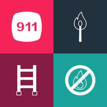 Set Pop Art No Fire, Fire Escape, Burning Match With And Emergency Call 911 Icon. Vector