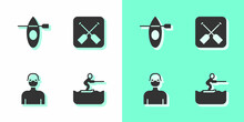 Set Water Skiing Man, Kayak And Paddle, Swimmer And Paddle Icon. Vector
