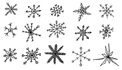 Snowflakes vector set hand drawn in doodle style. Black and white sketches of cartoon simple Christmas elements.