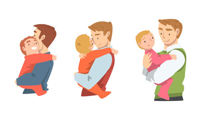 Sticker - Man Character Holding Baby with Arms Nursing Him Vector Illustration Set