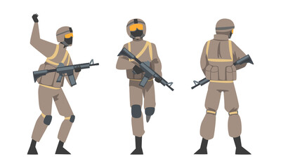 Poster - Man as Military Special Armed Force in Uniform and Rifle Vector Illustration Set