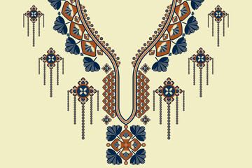 Vector ethnic African neckline pattern vintage color flower shape design on white cream background. Elegant tribal art for shirts.