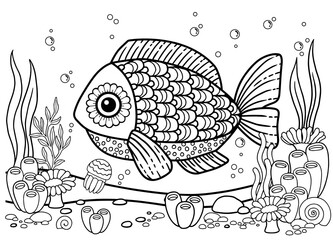 Wall Mural - Coloring book page for adult. Fish with Detailed Pattern isolated on white background, mandalas design, line art design