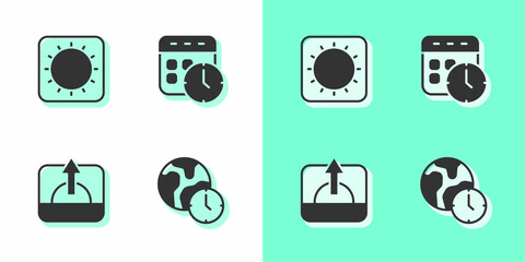 Sticker - Set World time, Sun, Sunrise and Calendar and clock icon. Vector