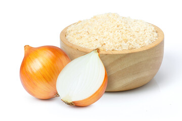 Poster - Ground onion or onion powder in wooden bowl and fresh onion with half sliced isolated on white background.