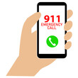 a hand dials 911 number on the phone. 911 calling sign. First aid symbol. flat style.