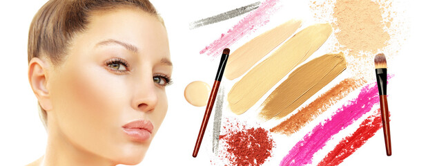 Wall Mural - Beauty portrait of a young girl.Set of foundation,lipstick,eyeliner pencil swatches isolated on white background.