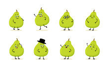 Pear Character With Funny Face. Happy Cute Cartoon Emoji Set.