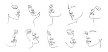 Set Of Portraits. Continuous Line, Minimalist Vector Illustration Of Beautiful Woman Face. For T-shirt, Slogan Design Print Graphics Style.