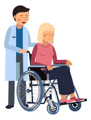 Wall Mural - Medical worker helping patient in wheelchair. Handicap concept