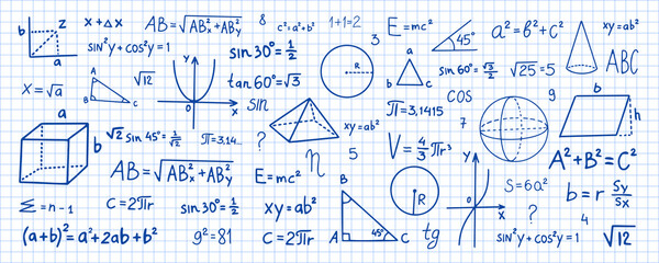 Poster - Hand drawn math symbols. Math symbols on notebook page background. Sketch math symbols