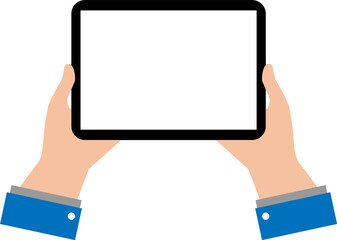Wall Mural - black empty tablet hands on white background. businessman hold tablet with empty white screen. flat 