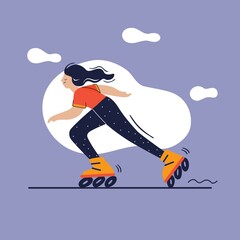 Wall Mural - Young happy woman with long hair skating on the road. City sports outdoor activity. Flat colourful vector illustration in hand drawn style.