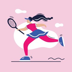 Wall Mural - Young happy woman with a racket in her hands playing tennis. City sports outdoor activity. Flat colourful vector illustration in hand drawn style.