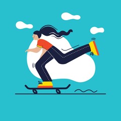 Wall Mural - Young happy woman with long hair on the skateboard. City sports outdoor activity. Flat colourful vector illustration in hand drawn style.