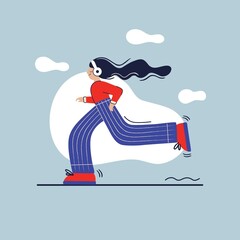 Wall Mural - Young happy woman with long hair running on the road and listening music. City sports outdoor activity. Flat colourful vector illustration in hand drawn style.