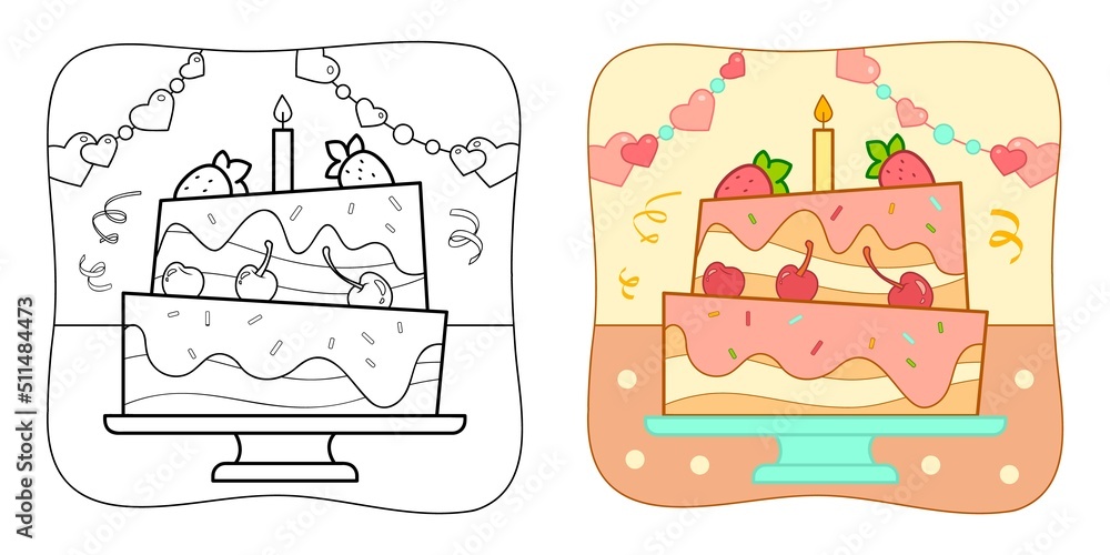 Coloring book or Coloring page for kids. Cake vector clipart. Nature ...