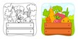 Coloring book or Coloring page for kids. Vegetables vector clipart. Nature background.