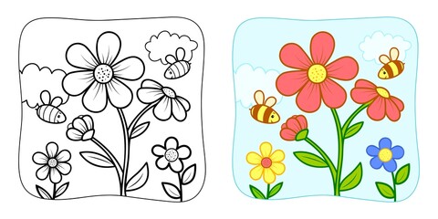 Wall Mural - Coloring book or Coloring page for kids. Flower and bees vector clipart. Nature background.