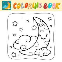 Wall Mural - Coloring book or Coloring page for kids. Moon black and white vector. Nature background