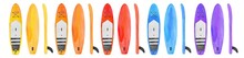 Stand Up Paddle Boards In In Various Colours: Sunny Yellow, Red, Orange, Light Blue And Lilac. Hand Drawn Watercolour Illustration On White Background, Isolated Clipart Elements For Design Decoration.
