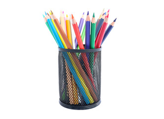 Wall Mural - Colored pencils in pencil box isolated on white background.