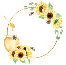 Sunflowers, Bee And Honey Wreath Clipart, Watercolor Sunny Flower Frame Illustration, Rustic Meadow Floral Bouquet With Insects, Wedding Invites, Baby Shower, Logo Design, Card Mking